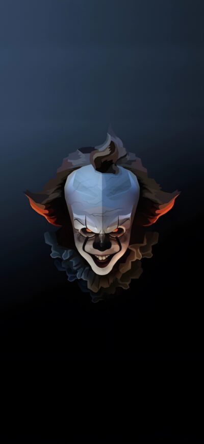 Menacing clown digital art with white face and red highlights on dark background | 4K Wallpaper for Mobile | Black, White, Red.