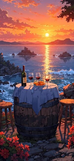 Sunset over ocean with a rustic table, wooden barrel, wine bottle, and glasses; vivid colors | 4K Wallpaper for Mobile