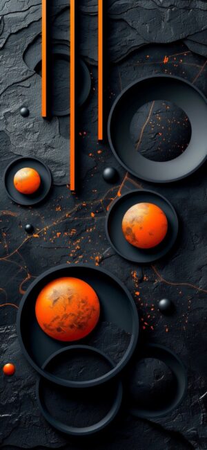 Abstract geometric design with black textures and vibrant orange spheres, creating a sci-fi motif | 4K Wallpaper for Mobile