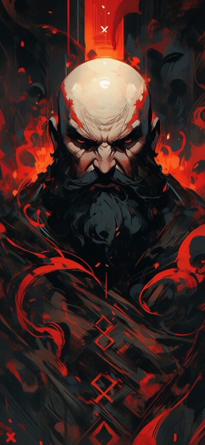 Fiery bearded character surrounded by vibrant flames in an abstract style | 4K Wallpaper for Mobile | Red, Black, Orange