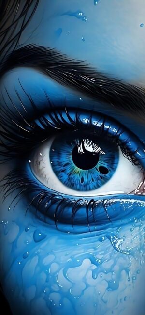 Vibrant close-up of a human eye with a blue iris and water droplets, suggesting emotion. Surreal art style. | 4K Wallpaper for Mobile