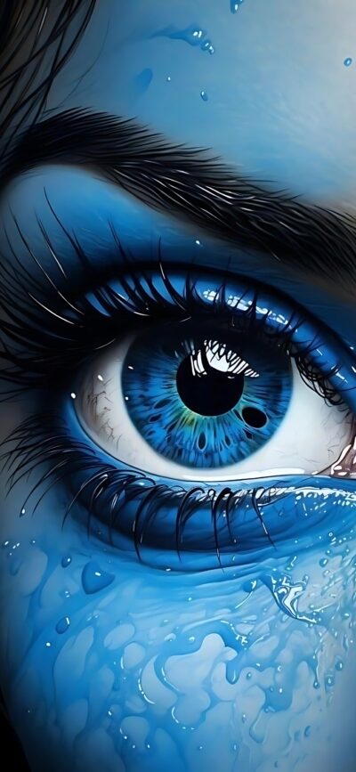 Vibrant close-up of a human eye with a blue iris and water droplets, suggesting emotion. Surreal art style. | 4K Wallpaper for Mobile