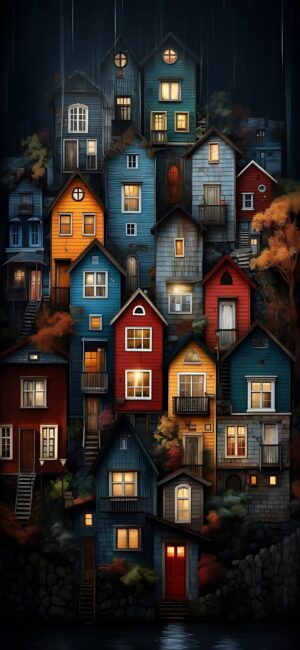 Colorful whimsical houses stacked in a cozy village scene with warm glows | 4K Wallpaper for Mobile