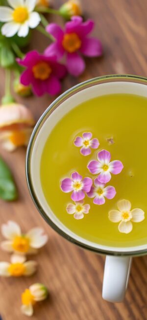 Green tea with floating pink and white flowers on wooden surface backdrop | 4K Wallpaper for Mobile