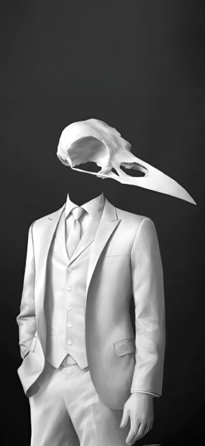 Surreal minimalist wallpaper of a figure in a white suit with a bird skull head in monochrome | 4K Wallpaper for Mobile