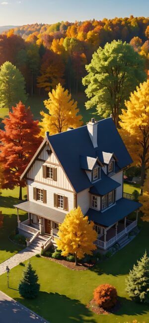 Charming house amidst vibrant autumn trees in yellow, orange, and green, showcasing fall's beauty | 4K Wallpaper for Mobile