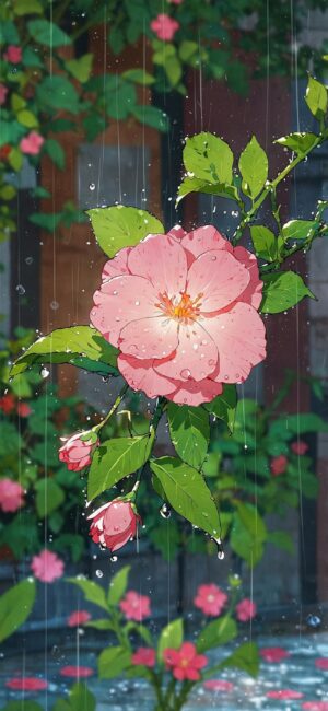 Pink flower with raindrops and green leaves, blurred garden background, serene ambiance | 4K Wallpaper for Mobile