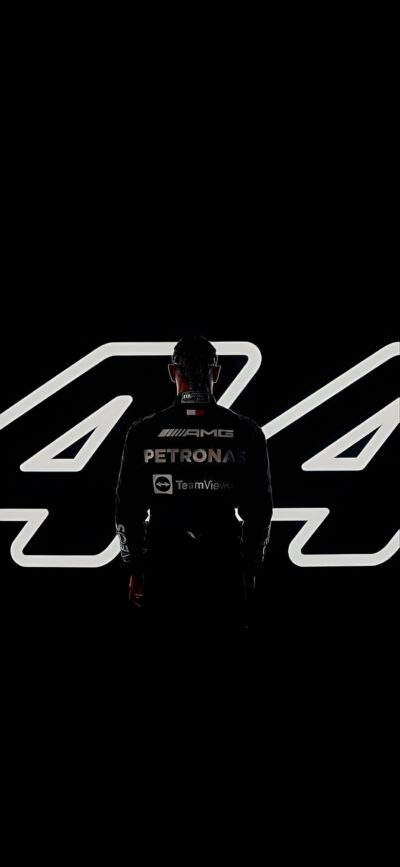 Silhouette of a person with number "44," PETRONAS, and AMG logos, racing aesthetic. Black & white. | 4K Wallpaper, for Mobile