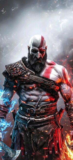 Kratos in Spartan armor with ice and fire weapons from "God of War" | 4K Wallpaper for Mobile | Blue, Red, White, Black