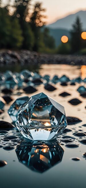 Faceted crystal on a reflective surface with smaller crystals and sunset background, featuring glowing bokeh lights | 4K Wallpaper for Mobile