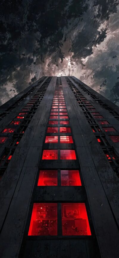 Dark building with red windows against stormy sky, dramatic upward view | Red, Black | 4K Wallpaper for Mobile