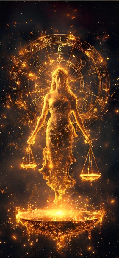 Ethereal Lady Justice in cosmic setting with celestial aura and zodiac wheel. Mythology meets cosmic energy | 4K Wallpaper for Mobile