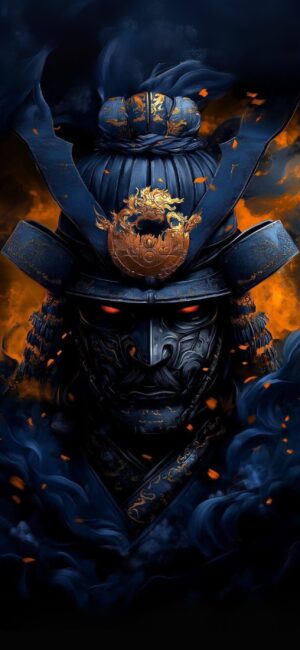 Samurai in ornate armor with glowing red eyes, set against a vibrant orange and dark blue smoky background | 4K Wallpaper for Mobile