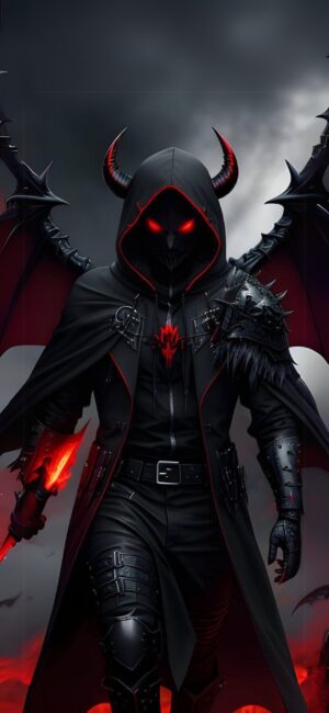 Mysterious hooded figure with glowing red eyes and demonic wings in dark armor. Fantasy theme. Black, red, gray. | 4K Wallpaper, for Mobile