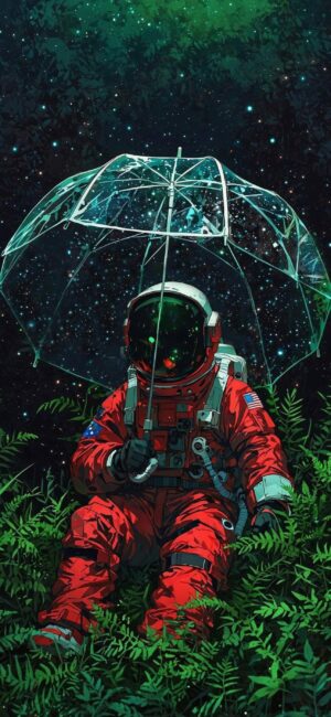 Astronaut in red spacesuit with umbrella amidst green foliage under starry sky | 4K Wallpaper, for Mobile