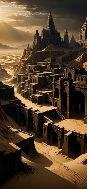 Ancient desert cityscape with golden sunsets and shadows on dunes. Epic fantasy vibes in rich gold, brown, and black | 4K Wallpaper for Mobile