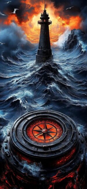 Lighthouse & compass amidst turbulent waves under a fiery sky, combining mystery & exploration. Blue, orange, black tones. | 4K Wallpaper for Mobile