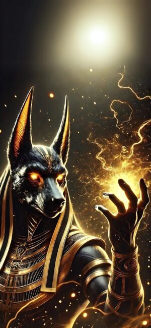 Mythical Anubis with golden armor and glowing hand, set against cosmic energy. Black & gold tones | 4K Wallpaper, for Mobile