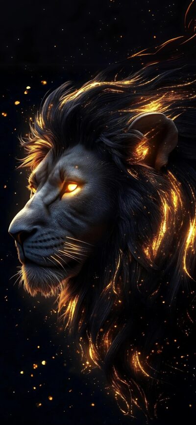 Majestic lion with fiery golden mane on black background, its eyes glow with mystical power. | 4K Wallpaper for Mobile