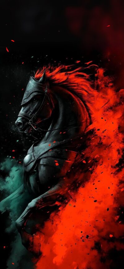 Dramatic black armored horse amid vibrant red and green smoke effects | 4K Wallpaper for Mobile