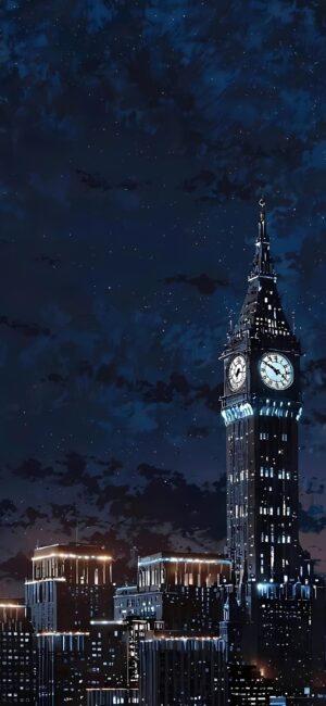 Stylized 4K mobile wallpaper featuring a night cityscape, clock tower resembling Big Ben under a starry sky | Blue, Black, White