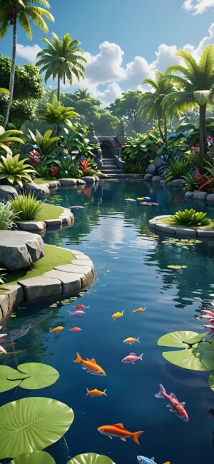 Serene tropical scene with palm trees, lush plants, and koi pond reflecting a blue sky | 4K Wallpaper for Mobile