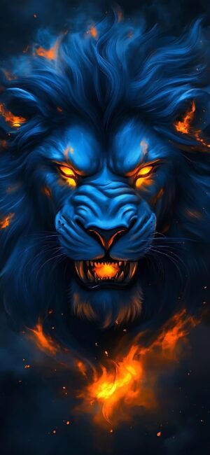 Artistic lion with blue mane, fiery orange eyes, mystical vibe | Blue, Orange, Dark | 4K Wallpaper for Mobile