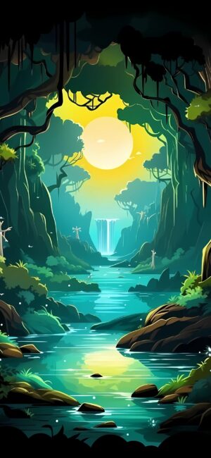 Serene forest with a tranquil river, sunlit sky, and small waterfall | Green, blue, yellow hues | 4K Wallpaper for Mobile