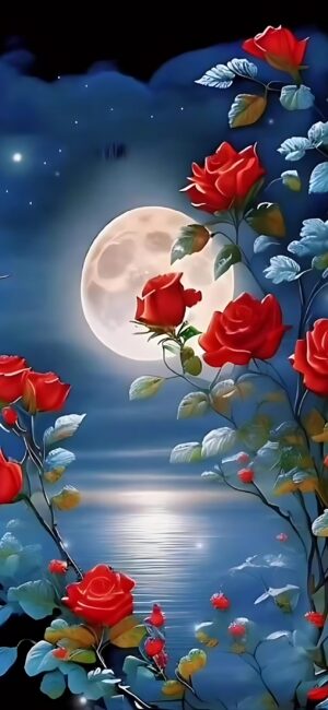 Romantic moonlit scene with red roses and reflective water, creating an enchanting atmosphere | 4K Wallpaper, for Mobile