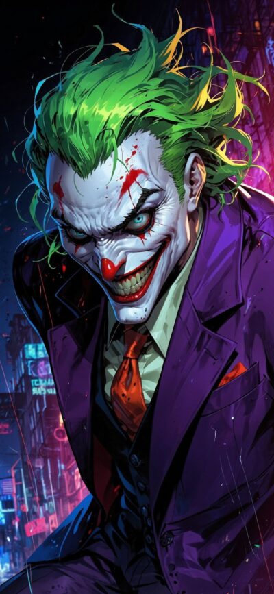 The Joker featuring neon-lit cityscape in vibrant colors: green, purple, red. Perfect for mobile | 4K Wallpaper.