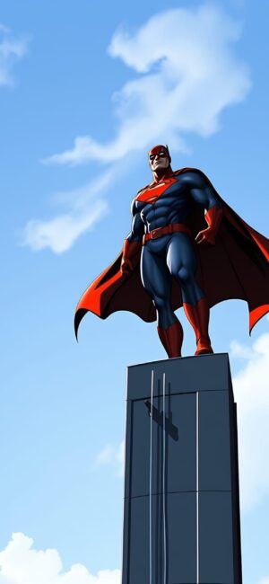 Superhero in red cape on a high structure, blue sky with clouds; strength and vigilance | 4K Wallpaper for Mobile