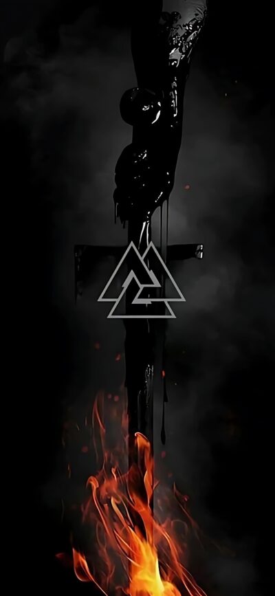 Mystical sword with black liquid and geometric symbol, set against smoky flames; evokes magic and power. | 4K Wallpaper for Mobile