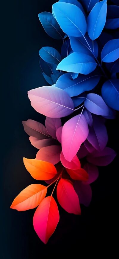 Colorful abstract leaf design in blue, pink, purple, orange against dark background | 4K Wallpaper for Mobile