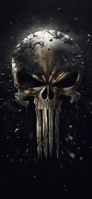 Punisher skull logo on dark background with gritty metallic textures | Black and Gray | 4K Wallpaper for Mobile | Marvel Universe