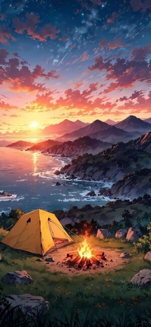 Serene seaside camping scene at sunset with tent, campfire, mountains, and ocean reflections | 4K Wallpaper for Mobile