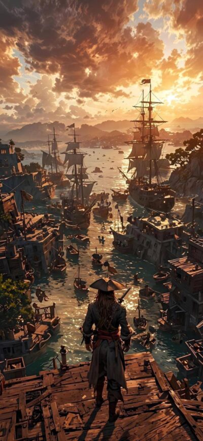 Pirate harbor with ship at sunset, evokes adventure. Primary colors: orange, blue, brown. | 4K Wallpaper for Mobile