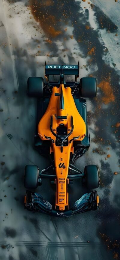 Vibrant orange modern Formula 1 car with textured backdrop in gray and black | 4K Wallpaper for Mobile