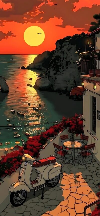 A charming Vespa on a sunlit terrace with a sunset-lit ocean view; red flowers add romance | 4K Wallpaper for Mobile