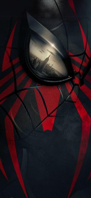 Close-up of Spider-Man's black and red suit with web pattern and mask reflection | 4K Wallpaper, for Mobile