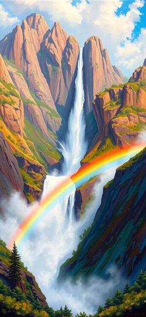 Stunning waterfall with rainbow over cliffs and lush greenery | Blue, Green, Brown, Rainbow | 4K Wallpaper, for Mobile