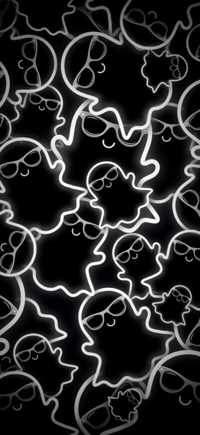 Playful cartoon ghost figures with glasses on a black background, outlined in white. | 4K Wallpaper for Mobile