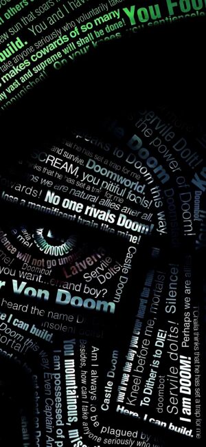 Doctor Doom abstract design with quotes forming his iconic mask | Marvel Comics | Black, Green | 8K Wallpaper, for Mobile