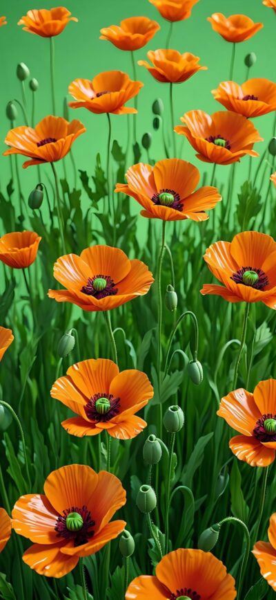 Bright orange poppies with detailed petals and green leaves against a lush backdrop for a serene mobile floral scene | 8K Wallpaper