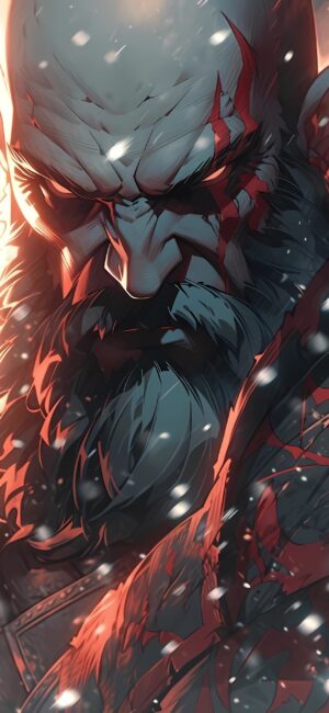 Stylized 4K mobile wallpaper of Kratos from God of War, highlighting facial markings amid falling snow | Red, Gray & Black