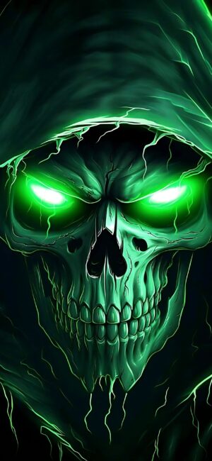 Menacing glowing green skull in a hood, creates an eerie supernatural effect | Green, black tones | 4K Wallpaper for Mobile