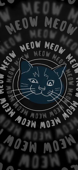 Stylized illustration of a cat face with 'MEOW' in concentric circles | 4K Wallpaper, for Mobile | Black, White, Dark