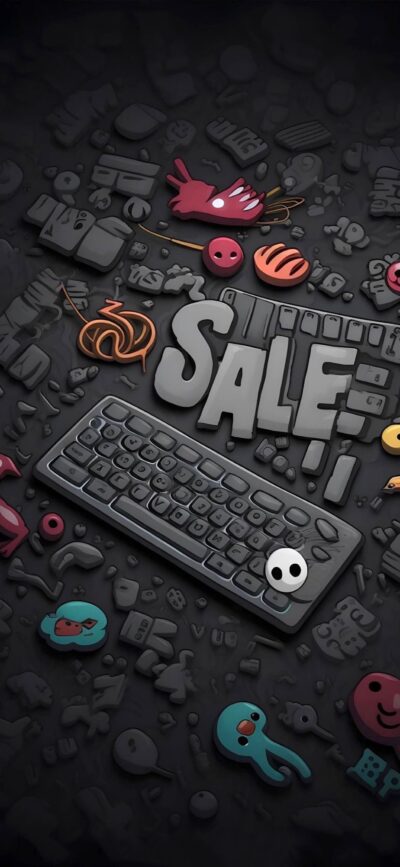 Alt tag: 'Colorful abstract "SALE" design with playful icons, including keyboard and skull | 4K Wallpaper for Mobile.'