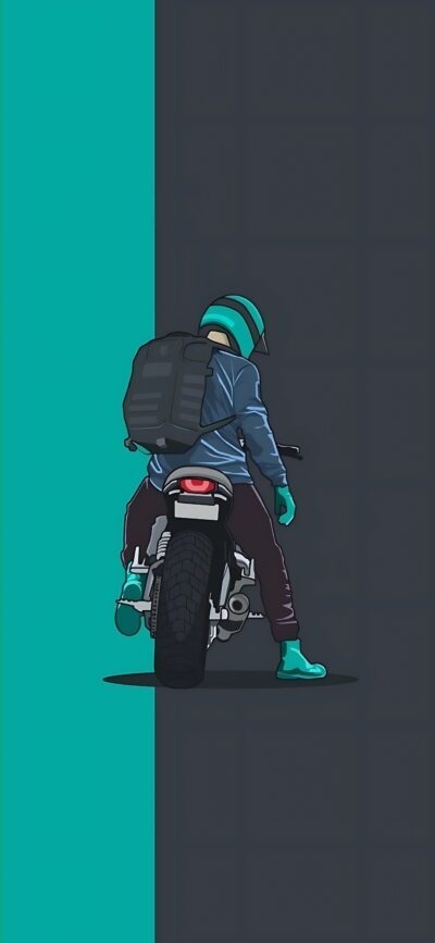 Motorcyclist on bike with helmet and backpack, split background in black and teal | 4K Wallpaper, for Mobile.