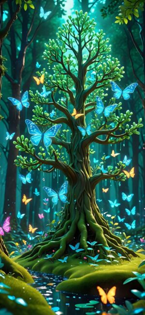 Enchanting forest with twisting tree and colorful butterflies | Green, Blue, Yellow, Purple hues | 8K Wallpaper for Mobile.