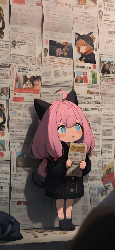 Anime character with pink hair, cat ears, dark coat against newspaper wall. Cute, mysterious vibe. For Mobile | 8K Wallpaper.